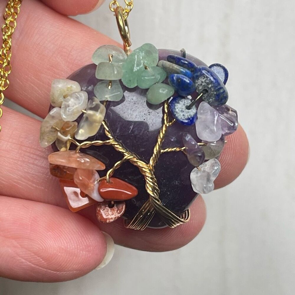 Tree Of Life chakra pendant crystal healing reiki heart amethyst gold tone chain